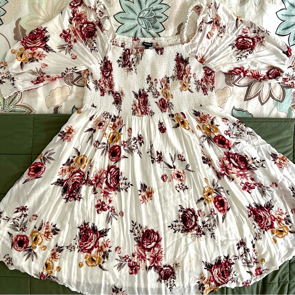 Torrid 2X/18-20W Wine Red and Golden Yellow Floral Swing Dress